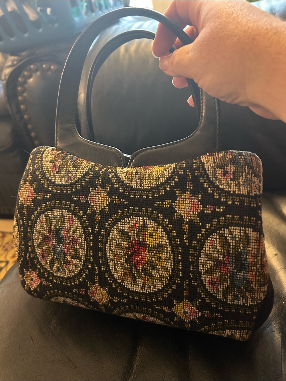 Vintage Tapestry Floral Handbag with Black Leather Handles
